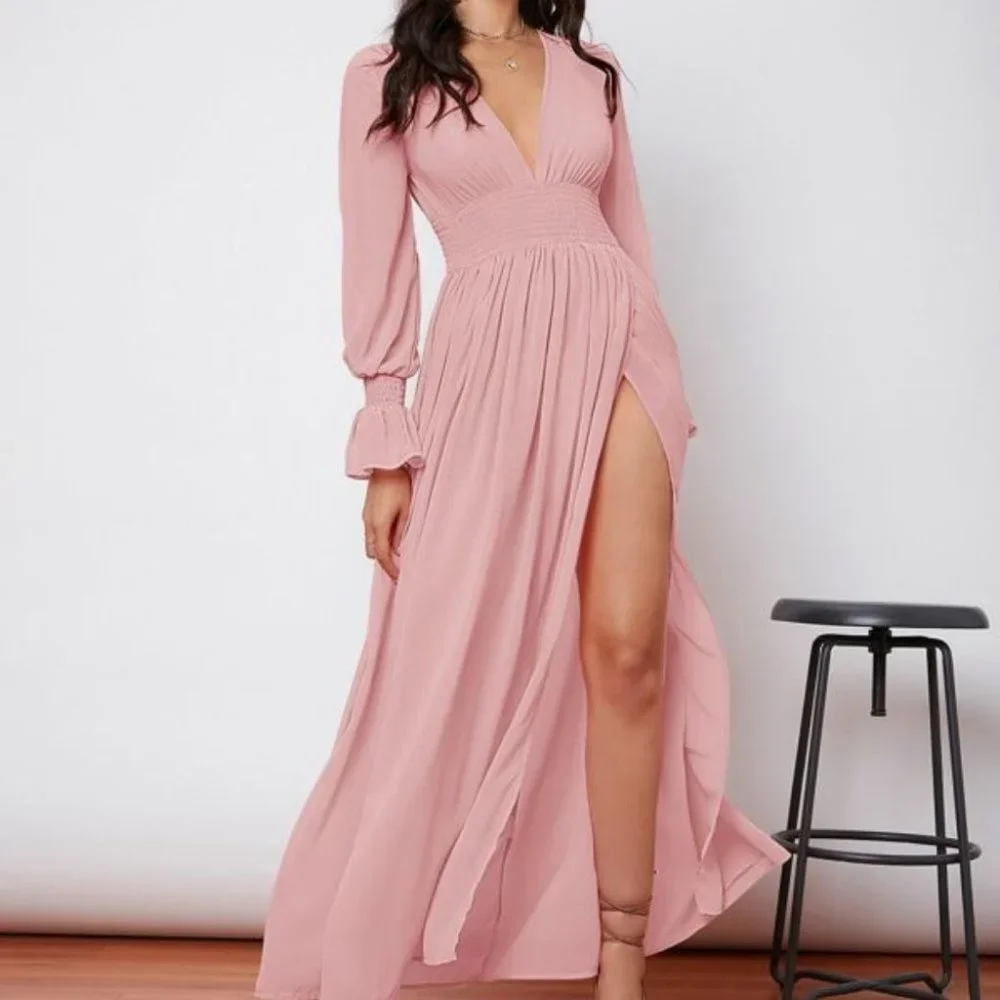 Boho pink shirred waist wrap hem maxi dress - Picture 2 of 8